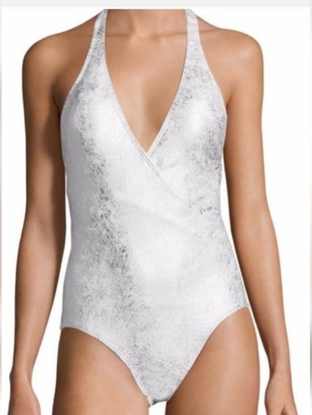 Carmen Marc Valvo Wild Story Silver Foil Plunge Swimsuit Sz 8